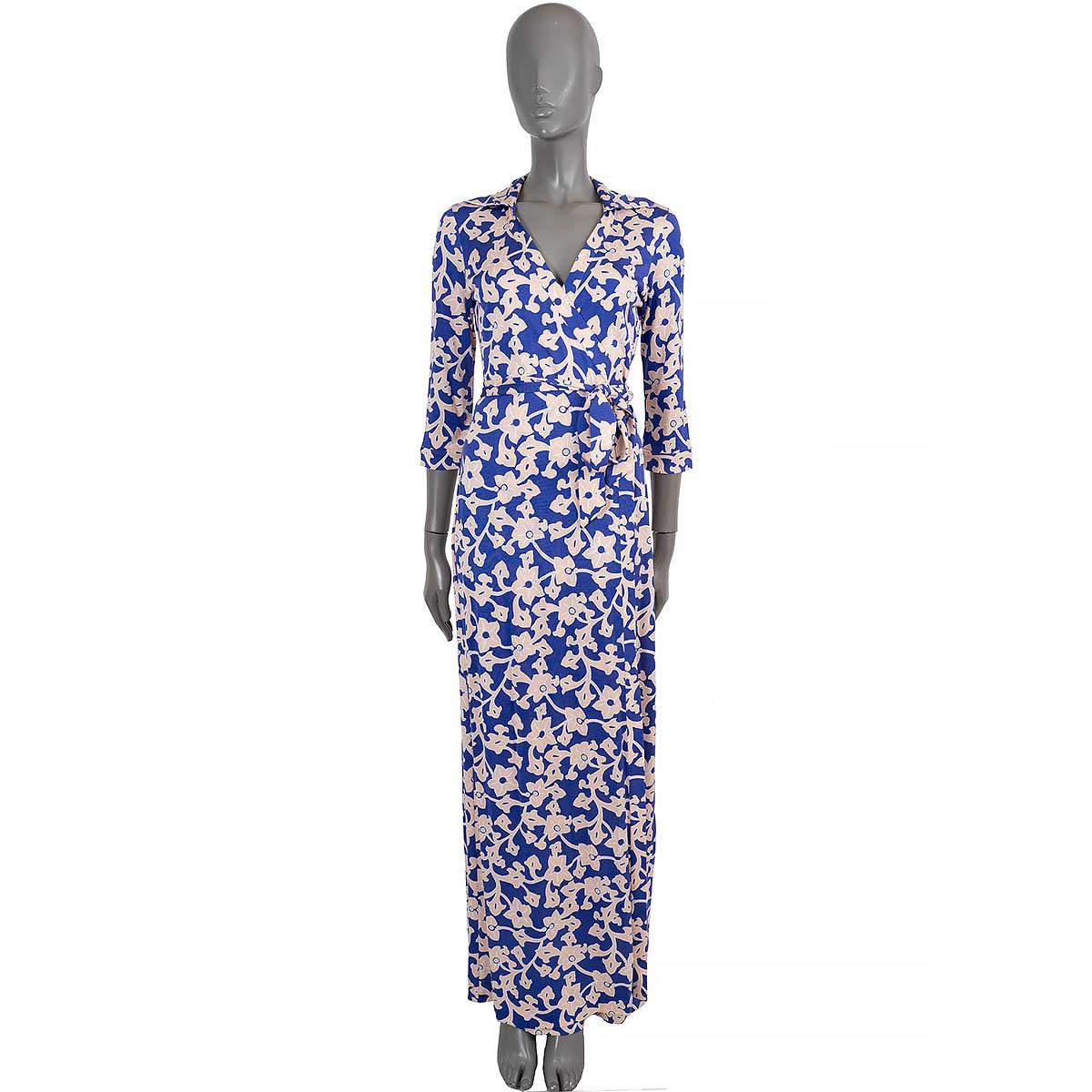 DIANE VON FURSTENBERG DVF blue silk ABIGAIL FLORAL MAXI WRAP Dress 8 M For Sale