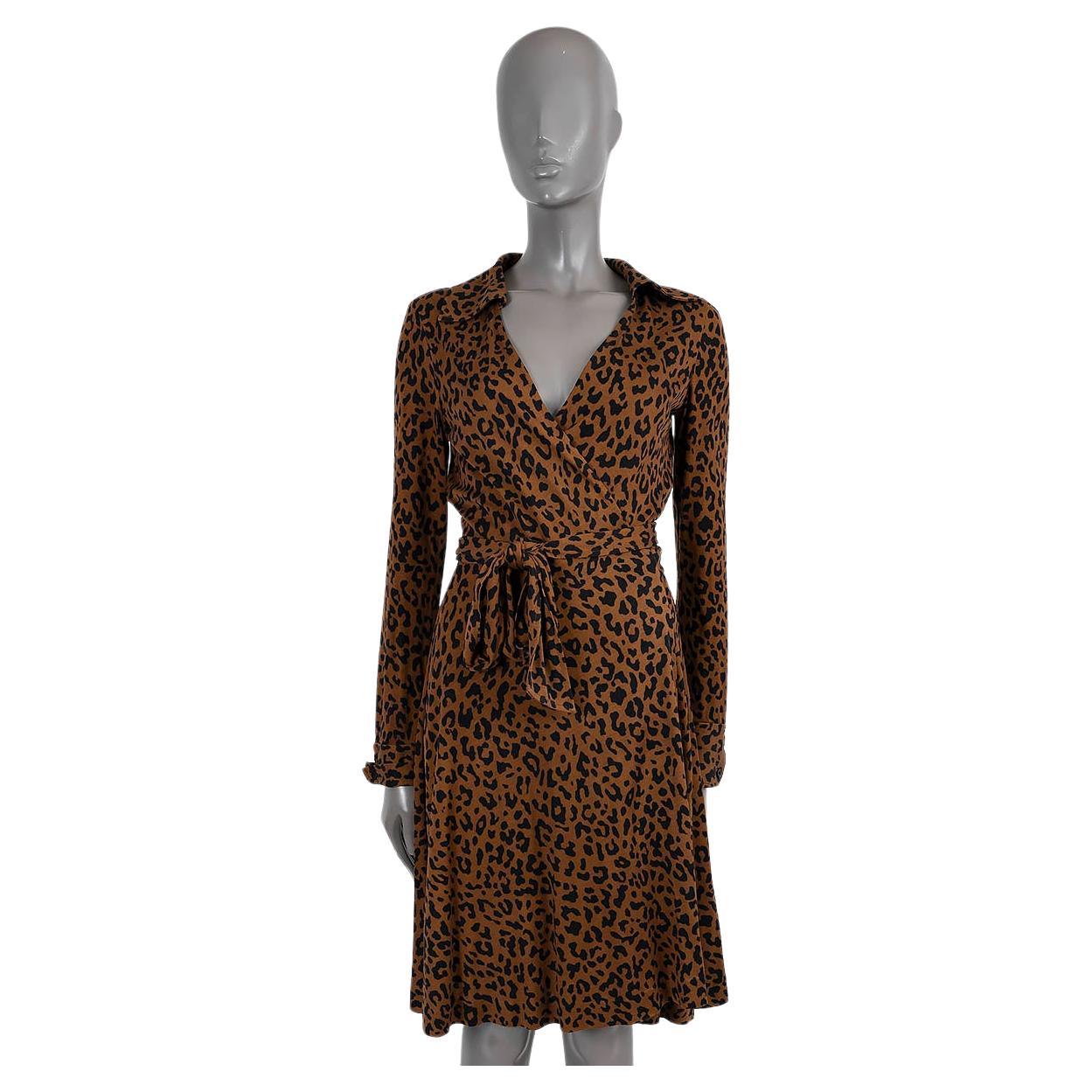 DIANE VON FURSTENBERG DVF brown silk JEANNE LEOPARD WRAP Dress 6 S For Sale
