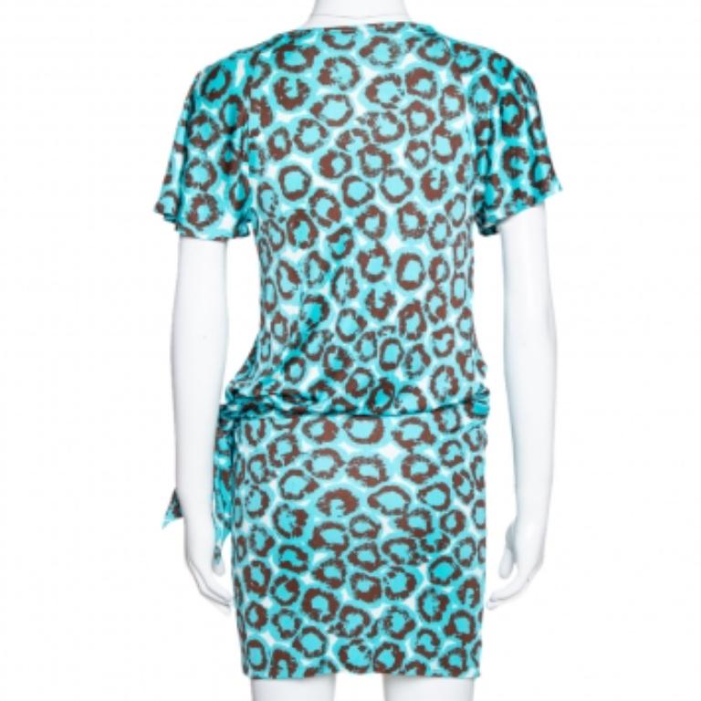 Diane Von Furstenberg Electric Blue Printed Jersey Hayley Wrap Dress M For Sale 1