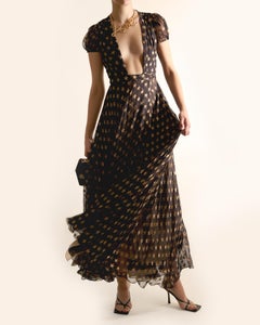 Diane Von Furstenberg Fall 14 silk plunging gold star print layered dress gown