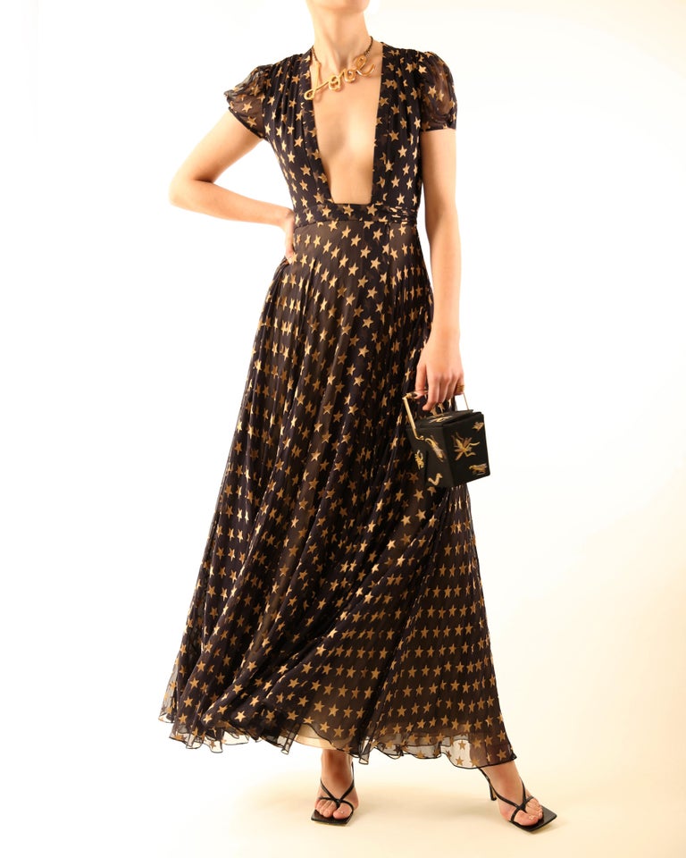 Diane Von Furstenberg Fall 14 silk plunging gold star print layered dress  gown For Sale at 1stDibs