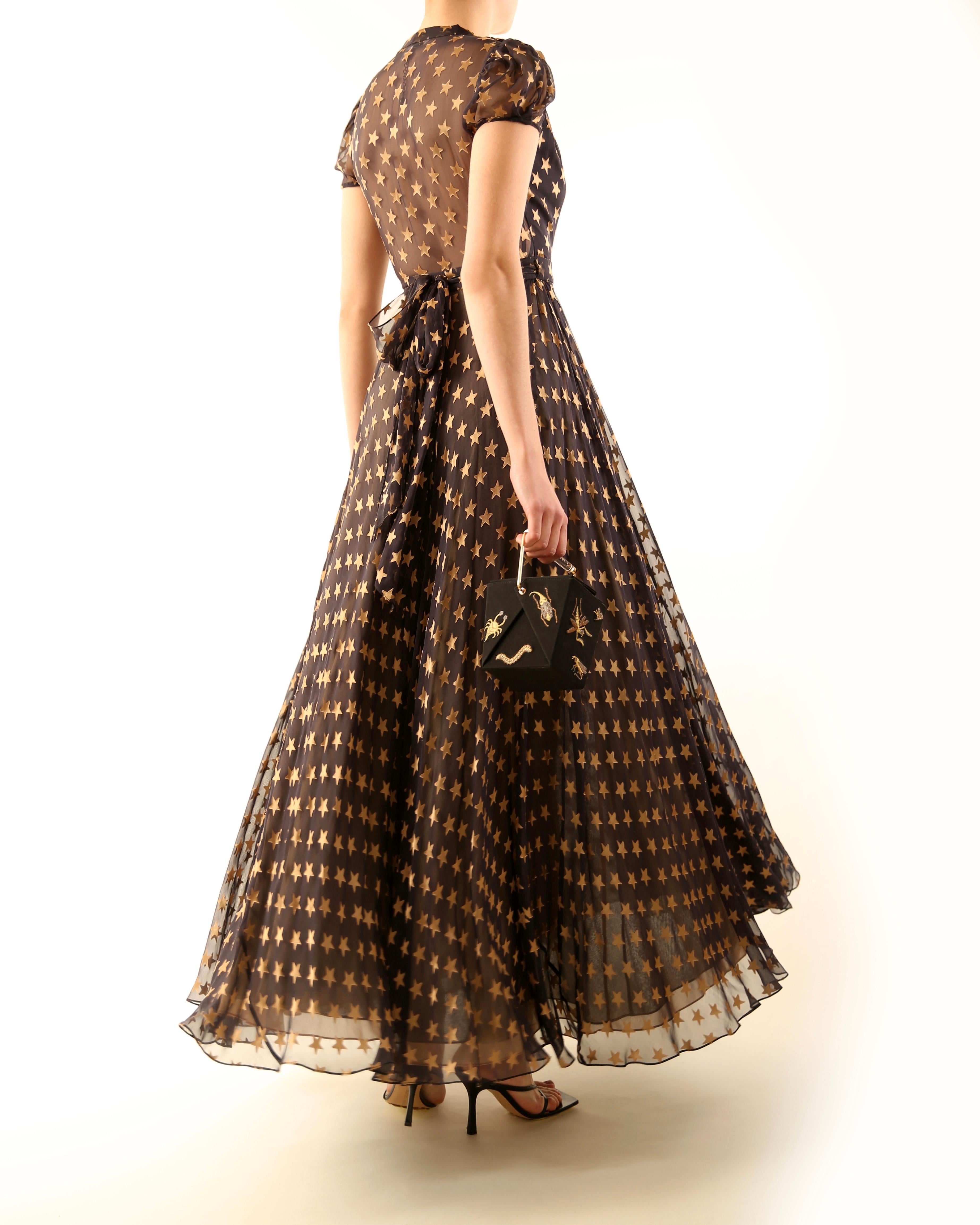 Black Diane Von Furstenberg Fall 14 silk plunging gold star print layered dress gown For Sale