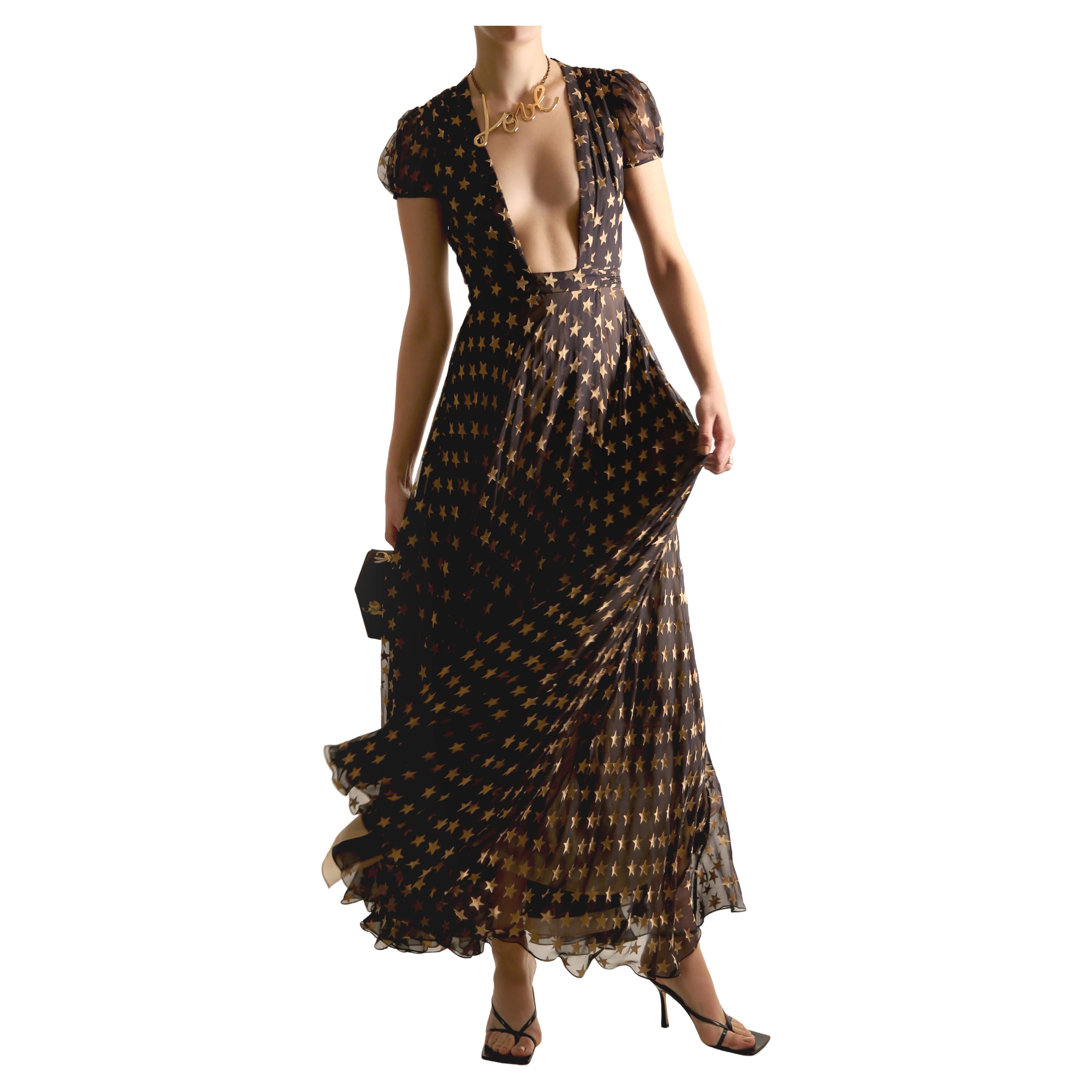Diane Von Furstenberg Fall 14 silk plunging gold star print layered dress gown