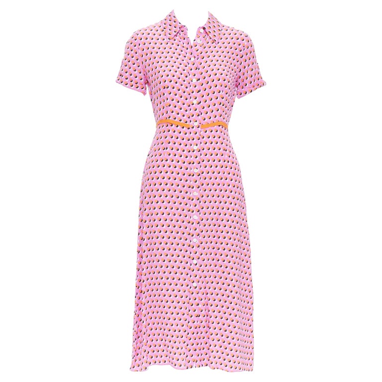 DIANE VON FURSTENBERG Georgia pink polka dot crepe de chine midi shirt dress  US0 For Sale at 1stDibs