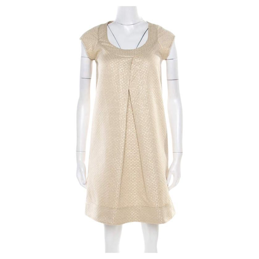Diane Von Furstenberg Gold Jacquard Inverted Pleat Detail Ayuka Dress S For Sale