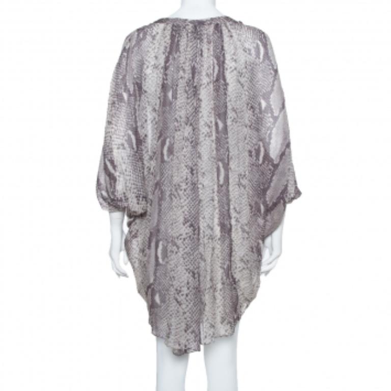 Diane Von Furstenberg  Grey Snakeskin Printed Silk Draped Fleurette Dress XS For Sale 1