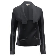 Diane Von Furstenberg Leather-Trimmed Double Breasted Blazer Jacket in Black Triacetate