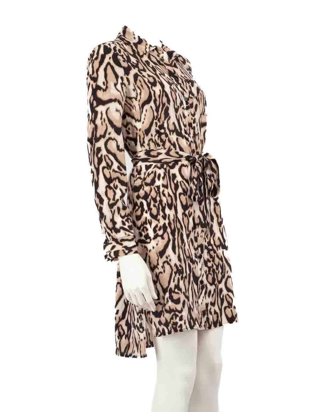 CONDITION is Very good. Hardly any visible wear to Dress is evident on this used Diane Von Furstenberg designer resale item.
 
 
 
 Details
 
 
 Multicolour- brown tone
 
 Silk
 
 Shirt dress
 
 Leopard print
 
 Long sleeves
 
 Button up fastening
