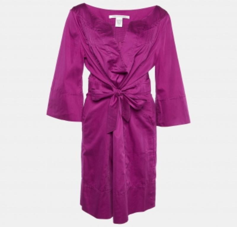 Diane von Furstenberg - Vestito Diane Furstenberg XL in cotone magenta con dettagli a cravatta in vendita 1