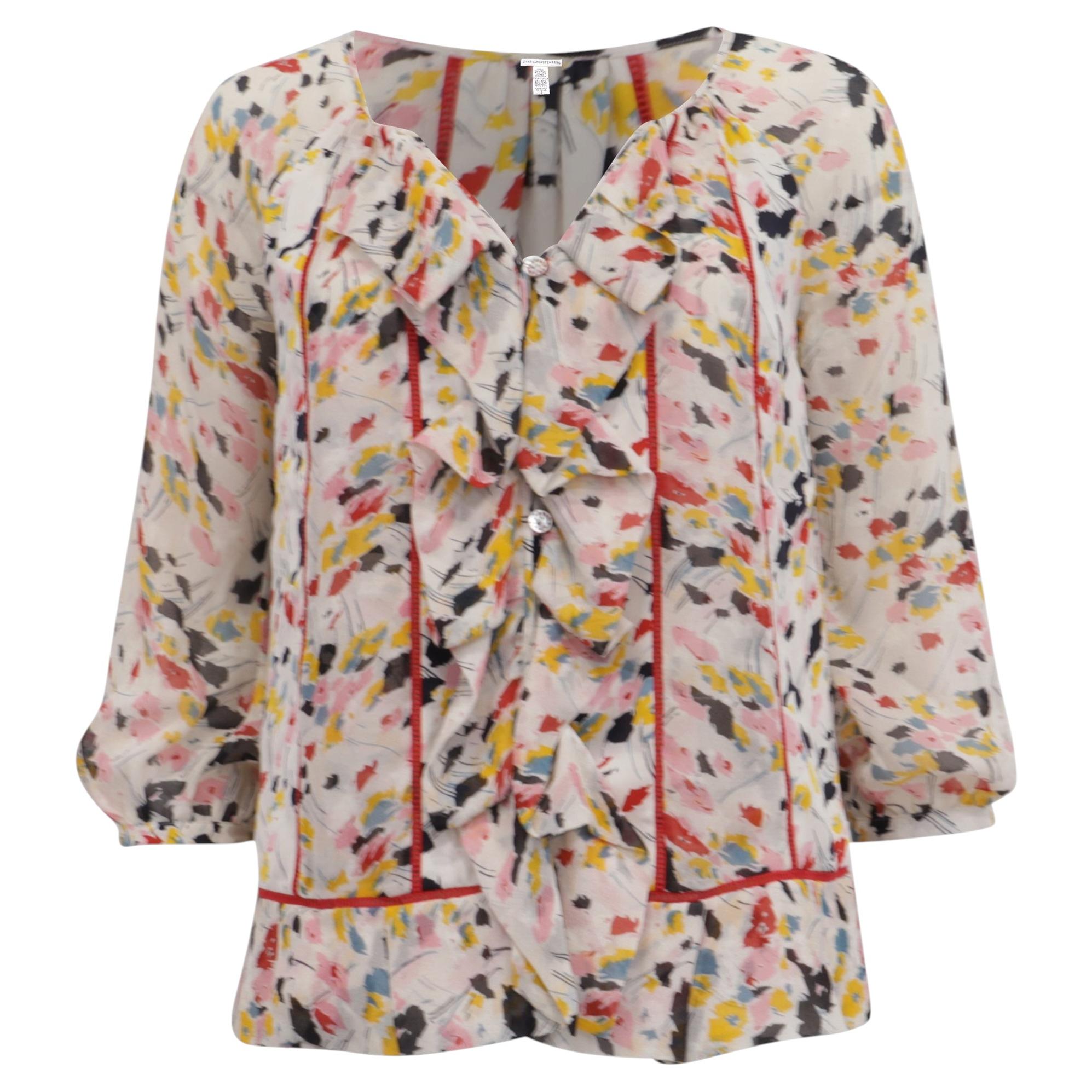 Diane Von Furstenberg Marlabis Ruffled Blouse in Multicolor Silk For Sale