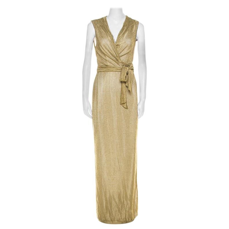 Diane Von Furstenberg Metallic Gold Knit Sleeveless Maxi Wrap Dress M