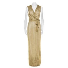 Diane Von Furstenberg Metallic Gold Knit Sleeveless Maxi Wrap Dress M