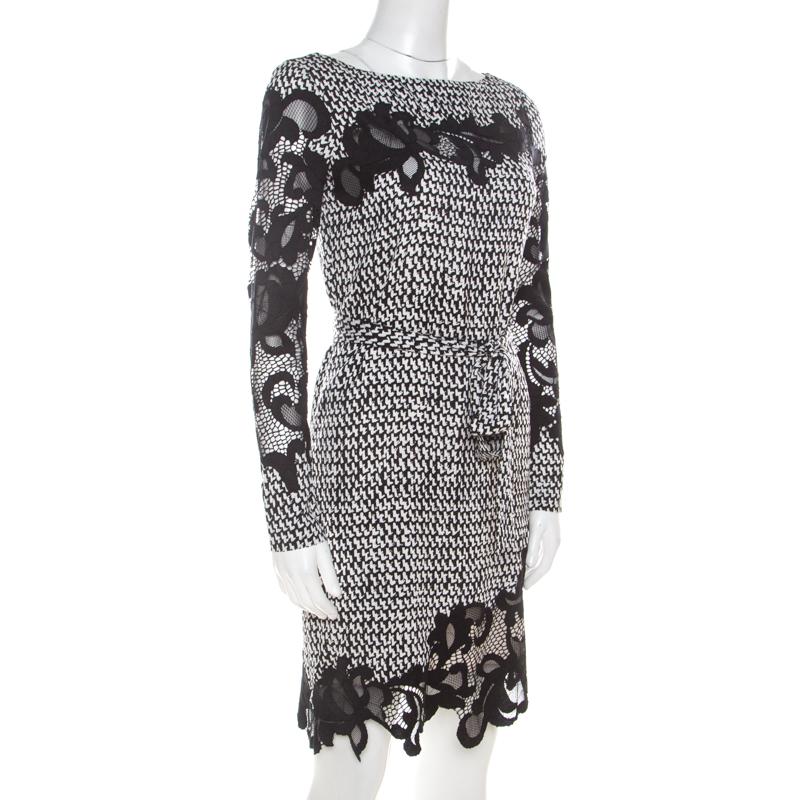 Black Diane von Furstenberg Monochrome Geometric Print Silk Floral Lace Dress XS