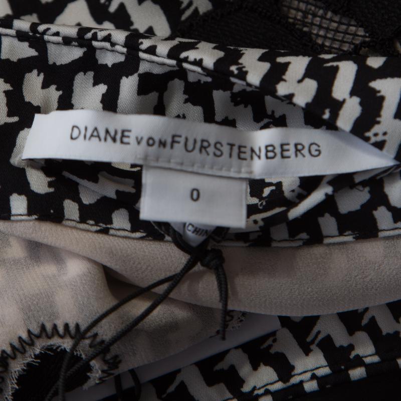 Diane von Furstenberg Monochrome Geometric Print Silk Floral Lace Dress XS 1