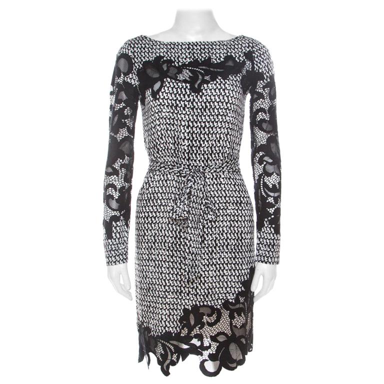 Diane von Furstenberg Monochrome Geometric Print Silk Floral Lace Dress XS
