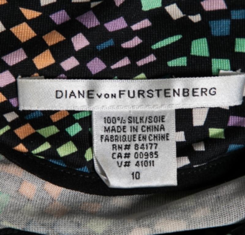 Diane von Furstenberg Mehrfarbig Bedrucktes Jersey Krawatten-Detail Manda Kleid L (Schwarz) im Angebot