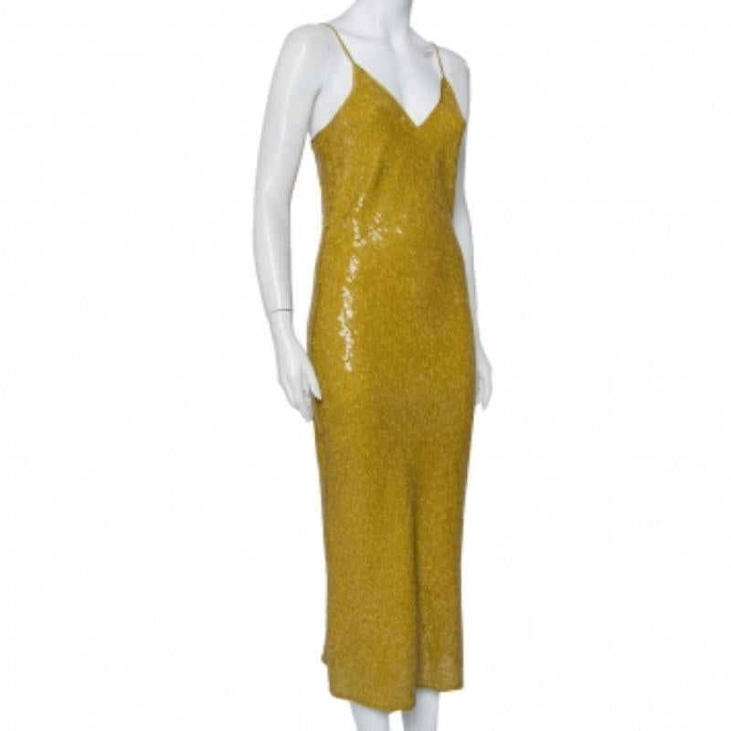 Diane Von Furstenberg Mustard Yellow Sequin Embellished Silk Havita Dress M In Good Condition For Sale In Dubai, Al Qouz 2