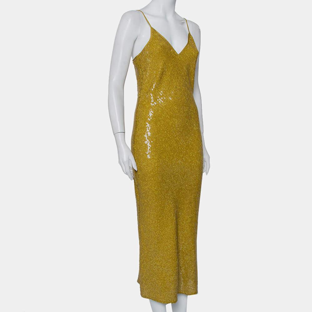 Diane Von Furstenberg Mustard Yellow Sequin Embellished Silk Havita Dress M In New Condition For Sale In Dubai, Al Qouz 2
