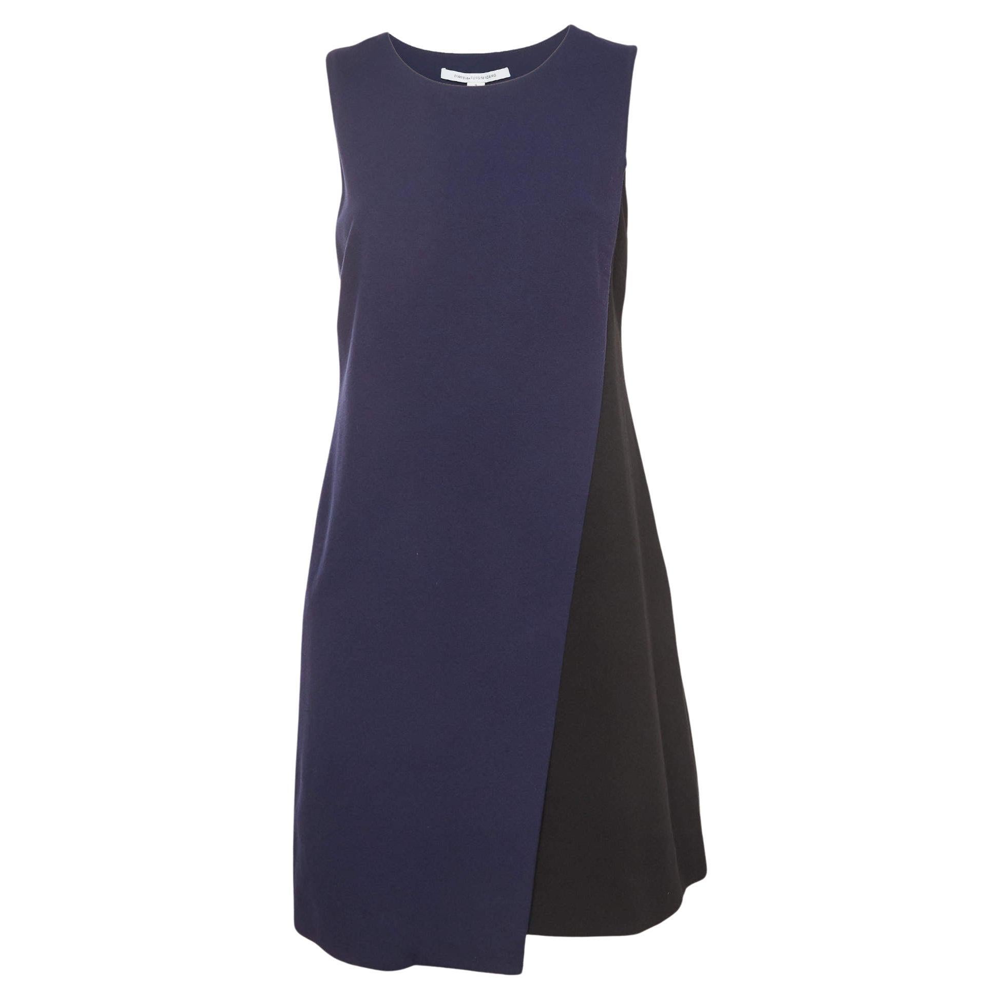 Diane Von Furstenberg Navy Blue/Black Knit Contrast Short Dress M For Sale
