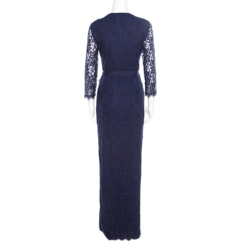 Show up at a celebratory event in this gorgeous floral lace dress by Diane Von Furstenberg. Offering style and refinement, this navy blue dress is nothing but pure charm. Masterfully tailored in blended fabric, it features a flattering wrap design