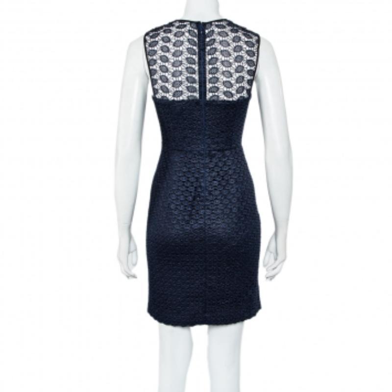 A fine blend of elegance and grace, this Diane von Furstenberg dress will add to your impeccable style. It comes with a lace overlay, a see-through yoke, and a back zipper. This navy blue dress is an example of comfort fused with charm.