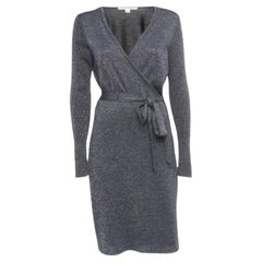 Diane Von Furstenberg Navy Blue Lurex Knit Evelyn Wrap Dress L