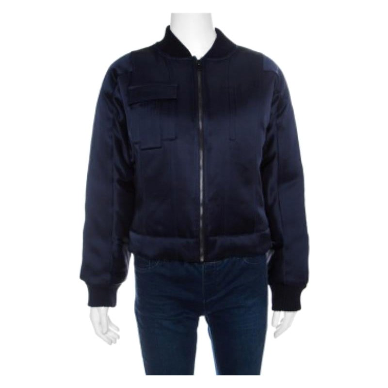 Diane Von Furstenberg Navy Blue Satin Alexander Bomber Jacket XS