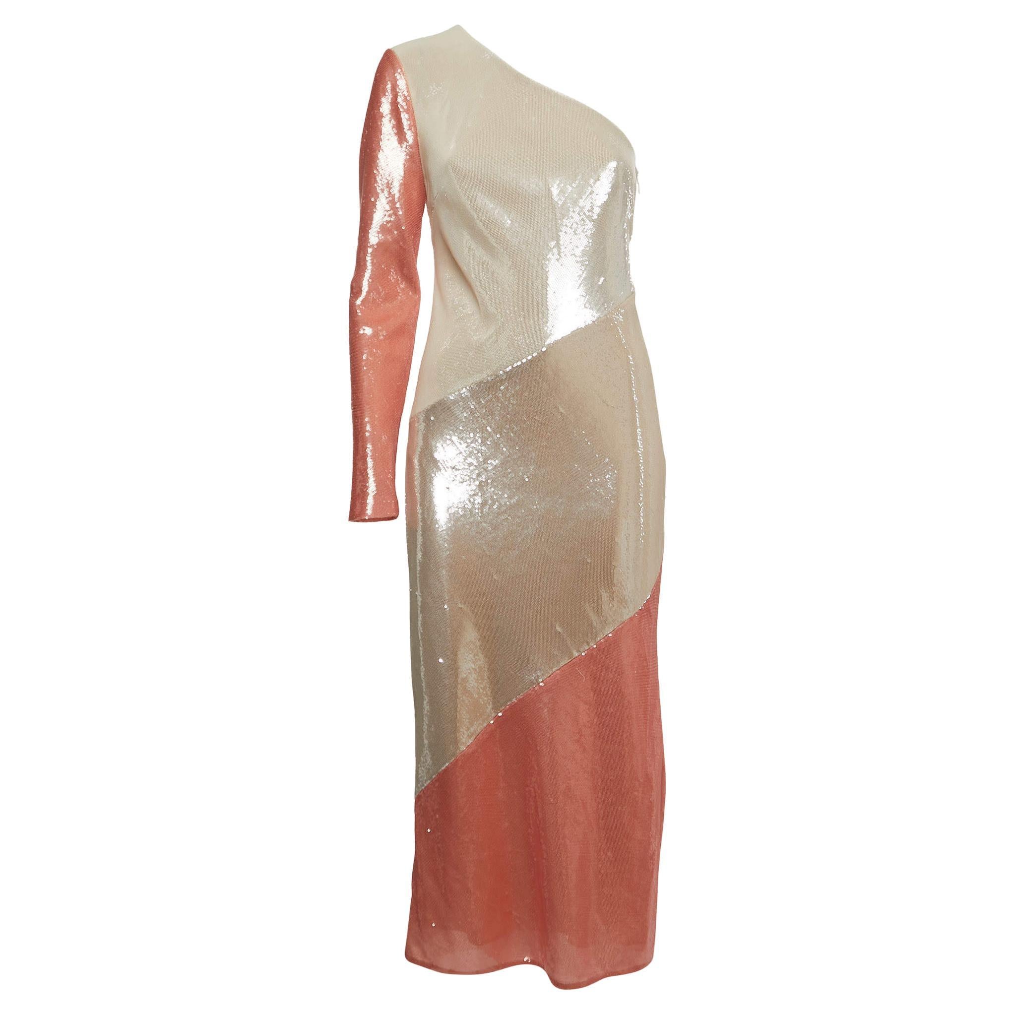 Diane Von Furstenberg Off-White/Orange Sequined One Shoulder Dress M For Sale