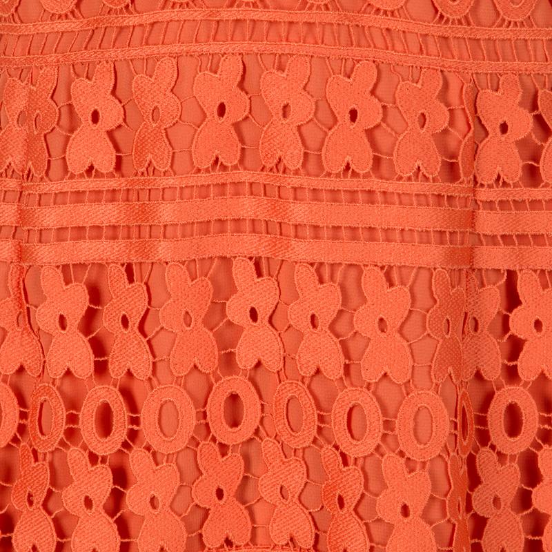 Diane Von Furstenberg Orange Guipure Lace Sleeveless Tiana Flounce Dress M In New Condition In Dubai, Al Qouz 2