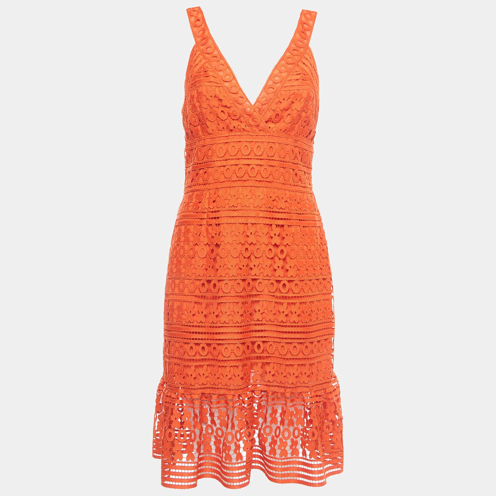 Diane Von Furstenberg Orange Guipure Lace Tiana Sleeveless Dress M In Excellent Condition In Dubai, Al Qouz 2