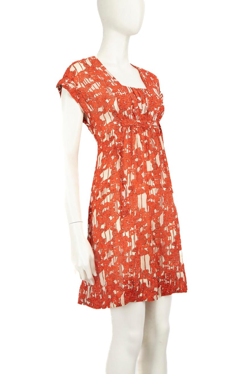 CONDITION is Very good. Hardly any visible wear to dress is evident on this used Diane Von Furstenberg designer resale item.
 
 
 
 Details
 
 
 Orange
 
 Silk
 
 Dress
 
 Abstract print
 
 Square neckline
 
 Mini
 
 Short sleeves
 
 Waist tie