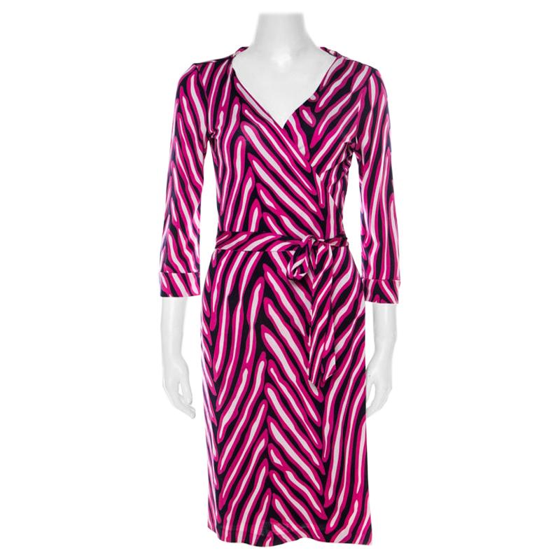 Diane von Furstenberg Pink and Blue Striped Silk New Julian Wrap Dress M