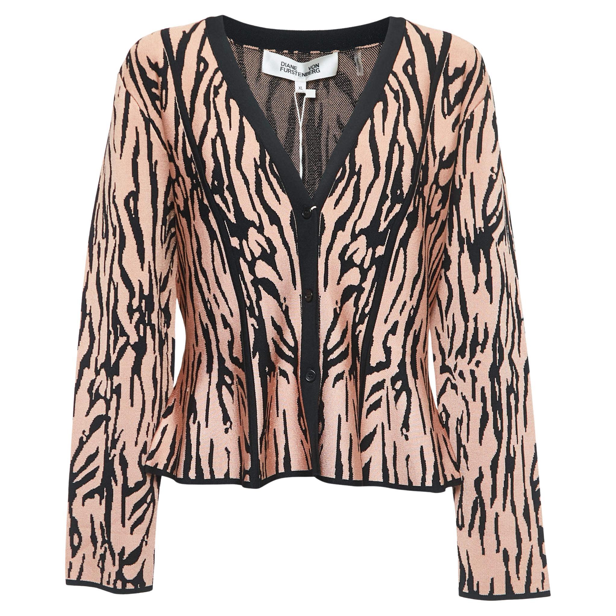 Diane Von Furstenberg Pink/Black Tiger Striped Knit Cardigan XL For Sale