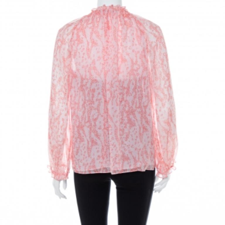 Diane von Furstenberg Pink Coral Print Silk Wynn Blouse M In Good Condition For Sale In Dubai, Al Qouz 2