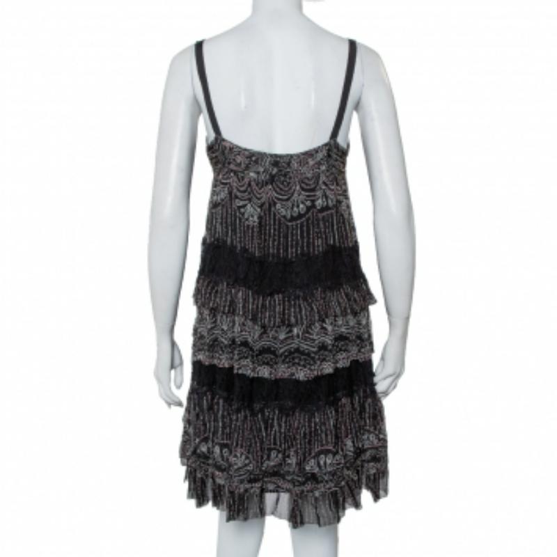 Black Diane Von Furstenberg Printed Silk Lace Trim Detail Tiered Taleen Mini Dress M For Sale
