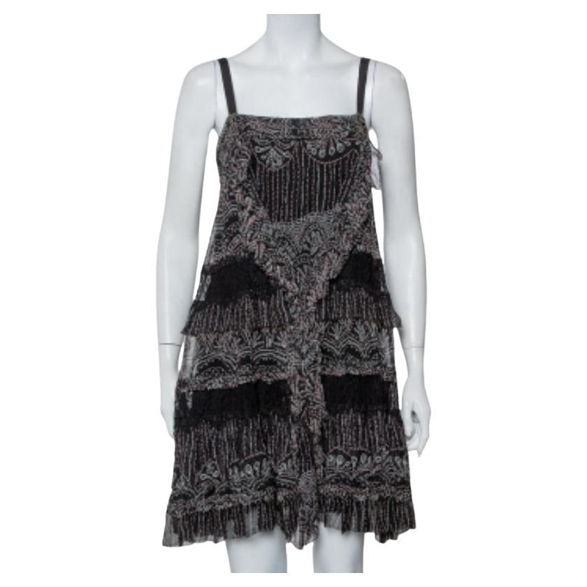 Diane Von Furstenberg Printed Silk Lace Trim Detail Tiered Taleen Mini Dress M For Sale