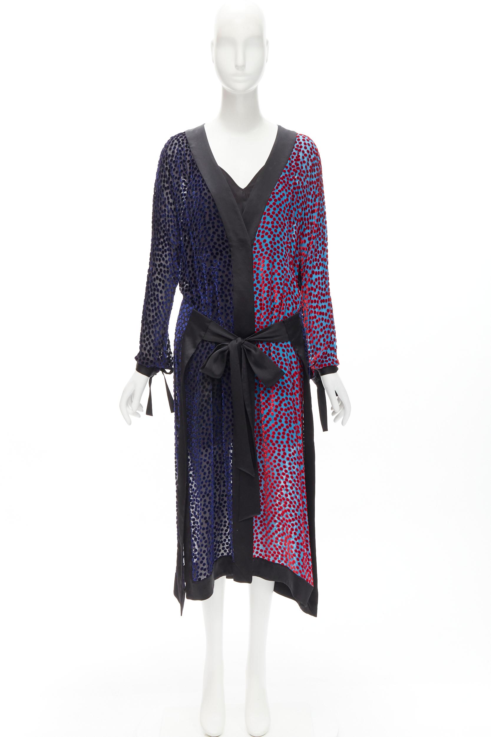 DIANE VON FURSTENBERG red blue velvet polka dot robe black slip mini dress S