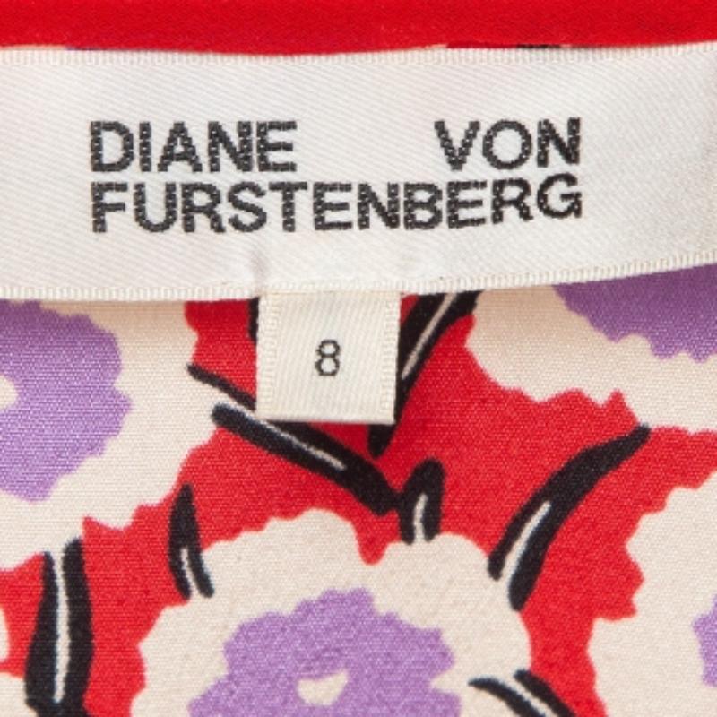 Beige Diane von Furstenberg Red Floral Print Silk Ruffled De Chine Top M. en vente