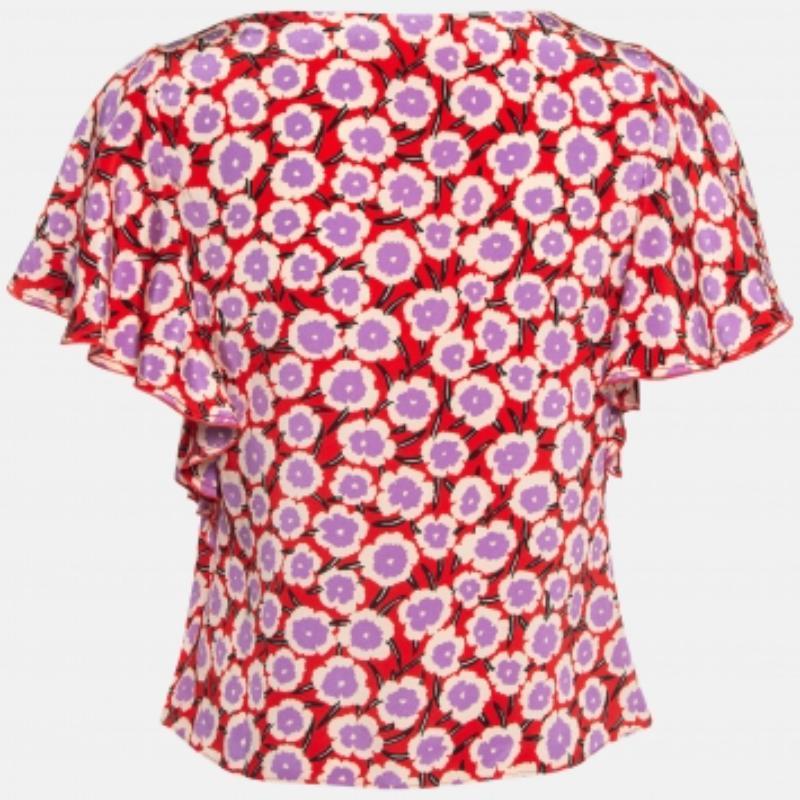 Diane von Furstenberg Red Floral Print Silk Ruffled De Chine Top M. Pour femmes en vente
