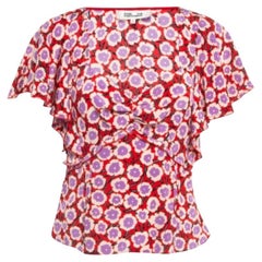 Diane von Furstenberg Red Top in seta increspato con stampa floreale M.