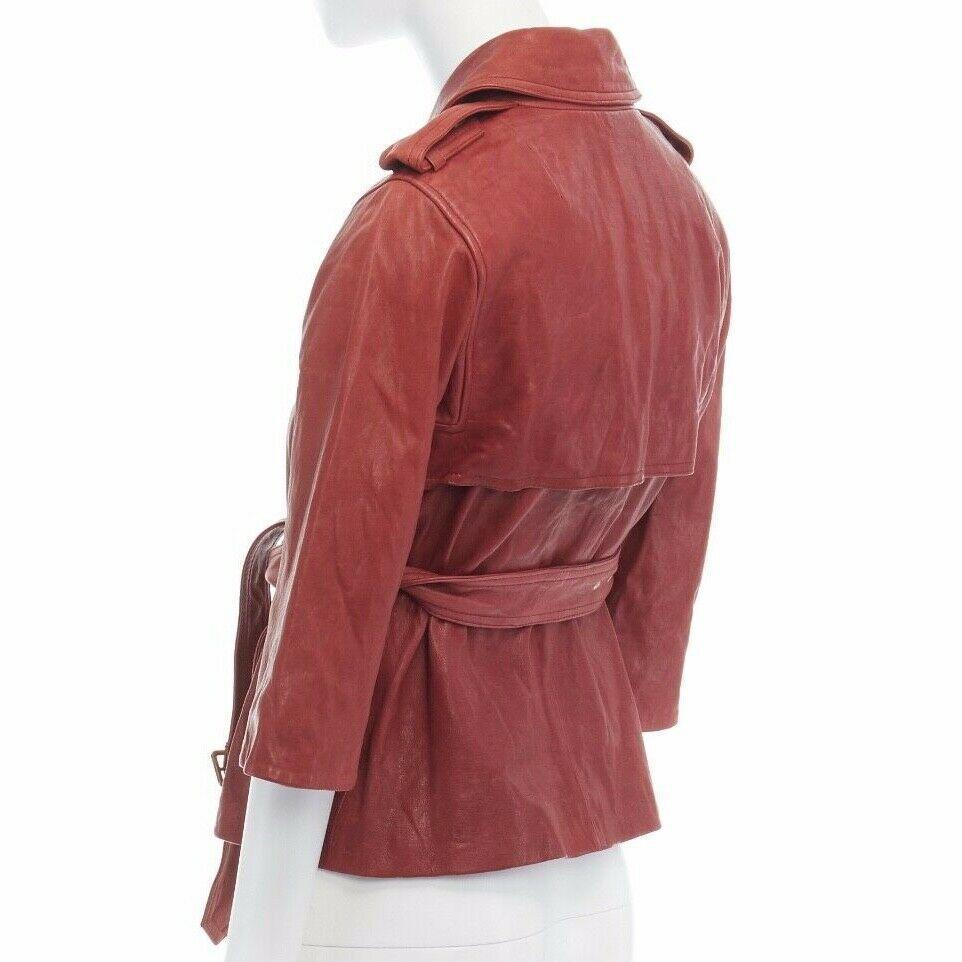 Brown DIANE VON FURSTENBERG red leather 3/4 flared sleeves belted jacket US0 XS