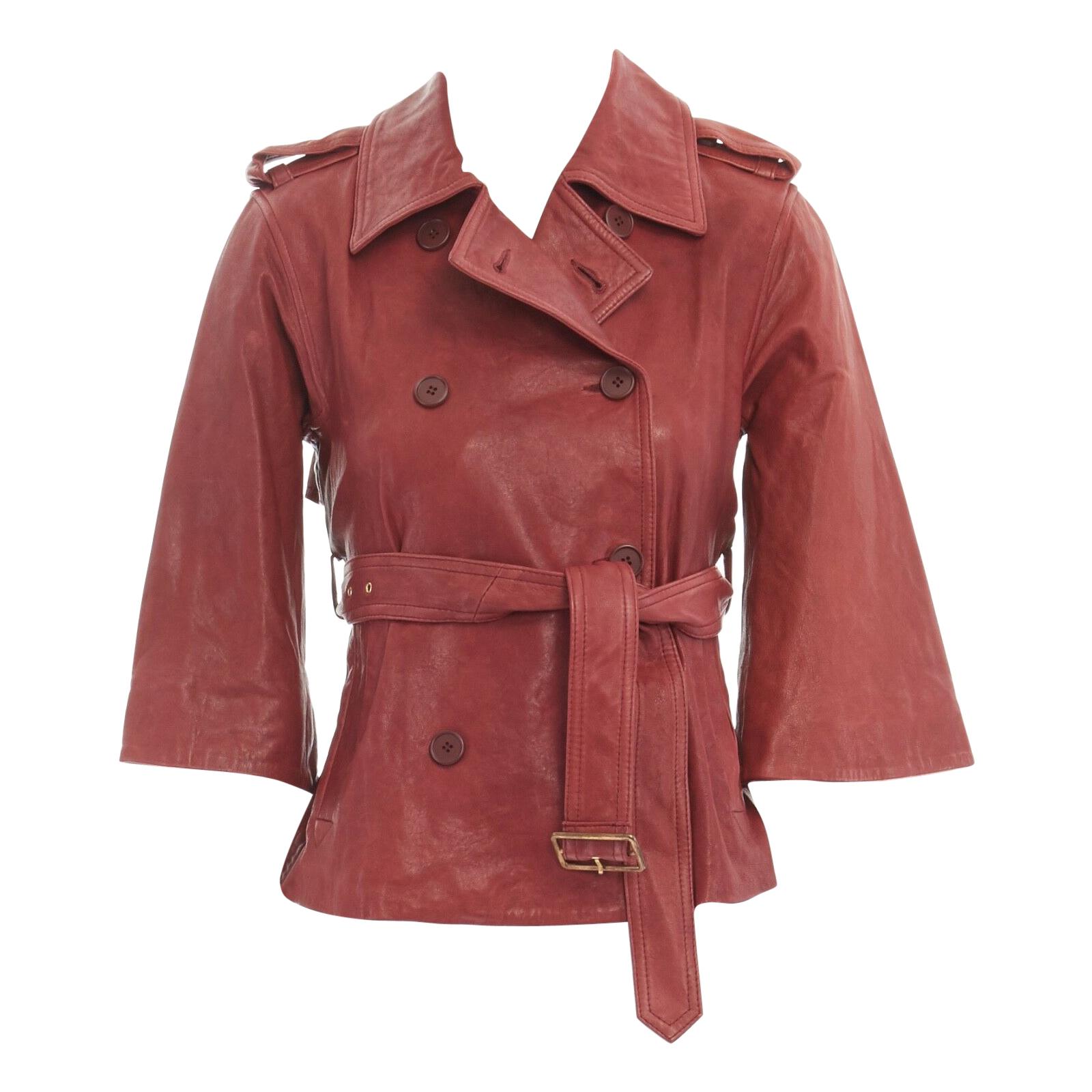 DIANE VON FURSTENBERG red leather 3/4 flared sleeves belted jacket US0 XS