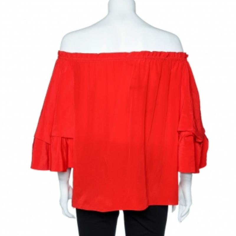 Rosso Diane von Furstenberg - Top con volant in seta rossa fuori dalla spalla S in vendita