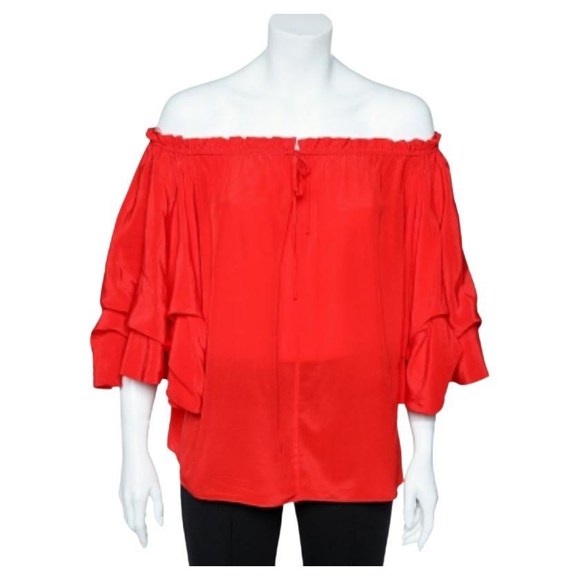 Diane von Furstenberg - Top con volant in seta rossa fuori dalla spalla S in vendita