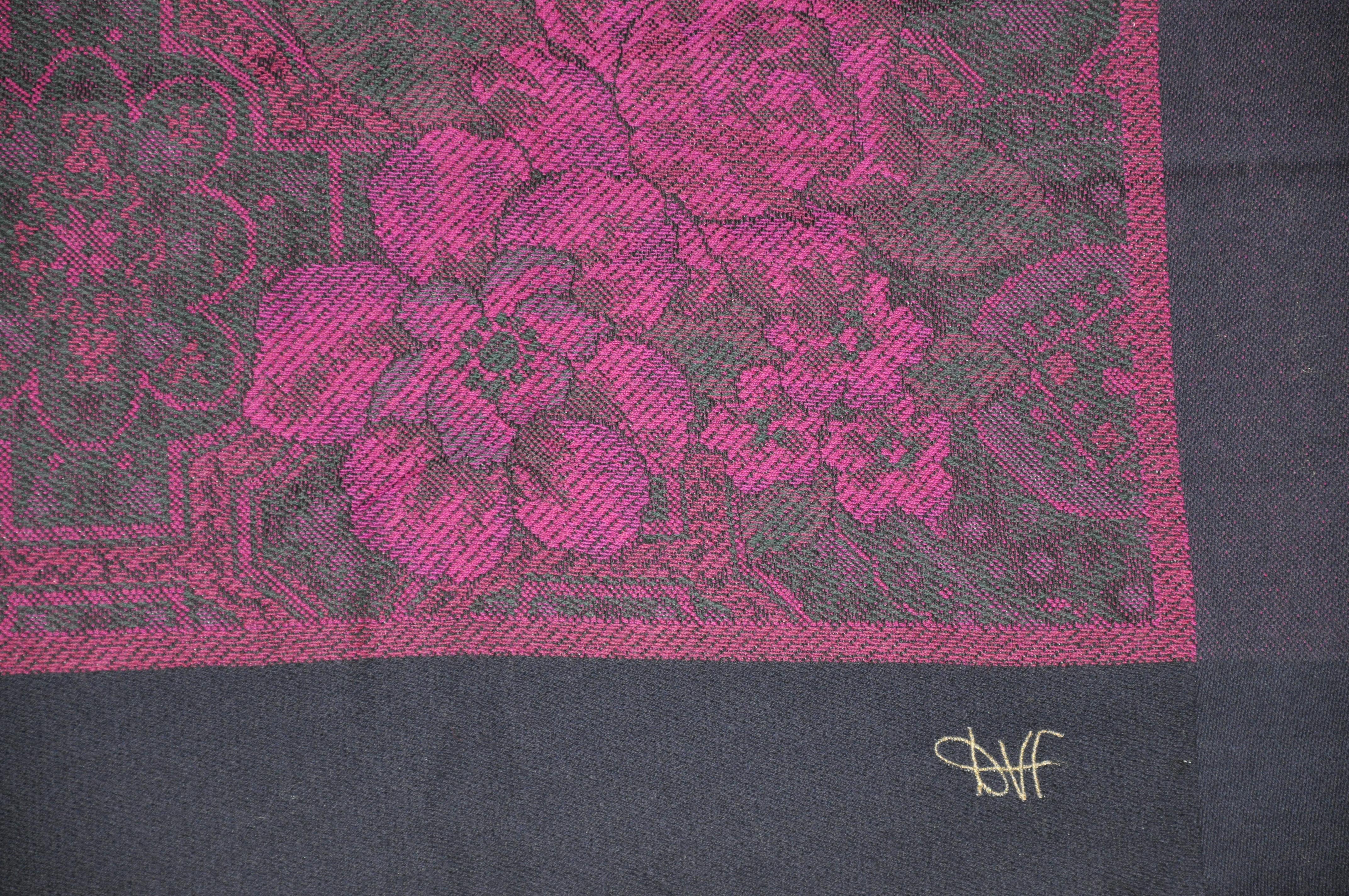 Black Diane von Furstenberg Rich Deep Violet Floral Wool Challis Fringe Shawl For Sale