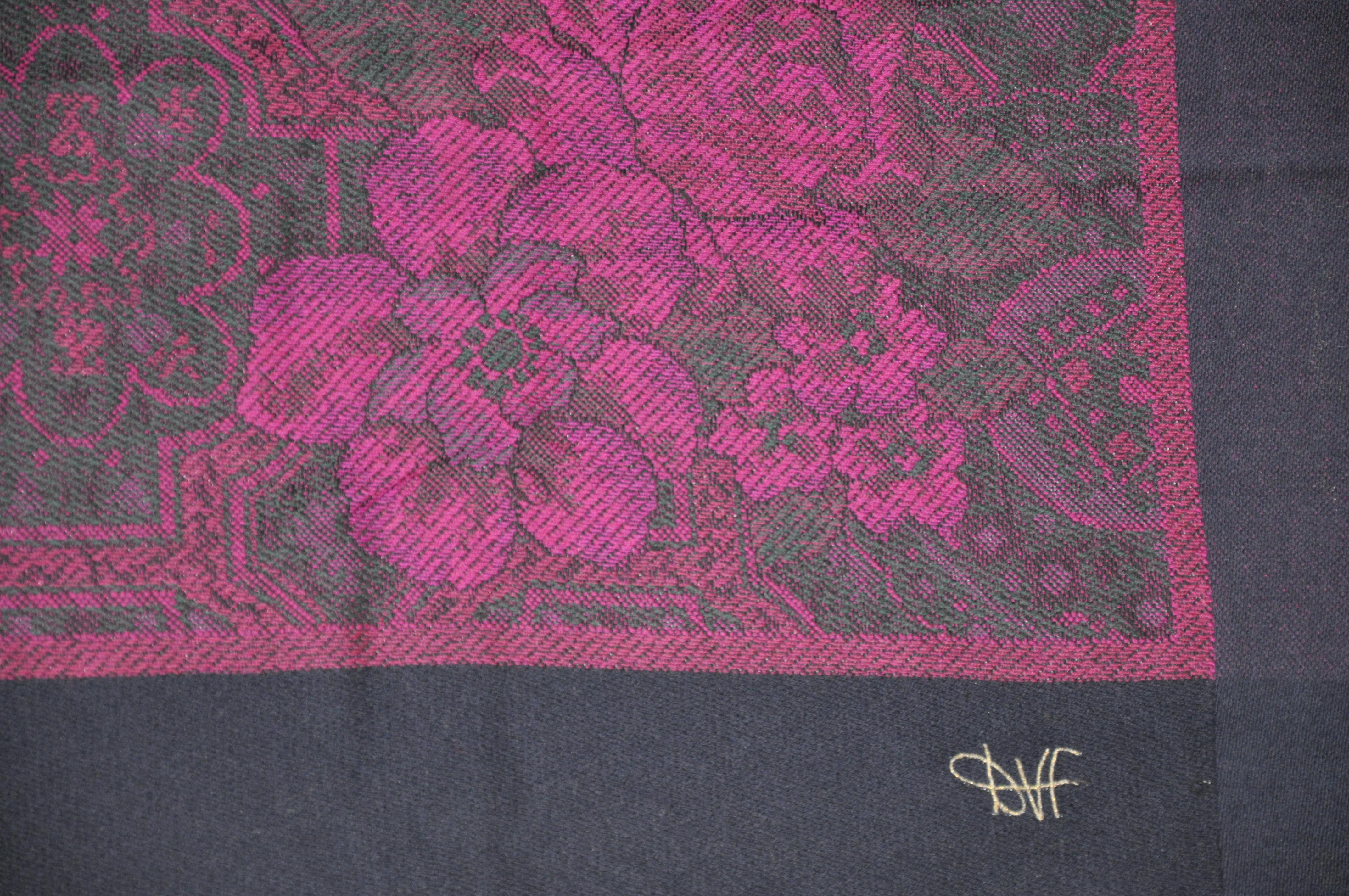 Diane von Furstenberg Rich Deep Violet Floral Wool Challis Fringe Shawl For Sale 3