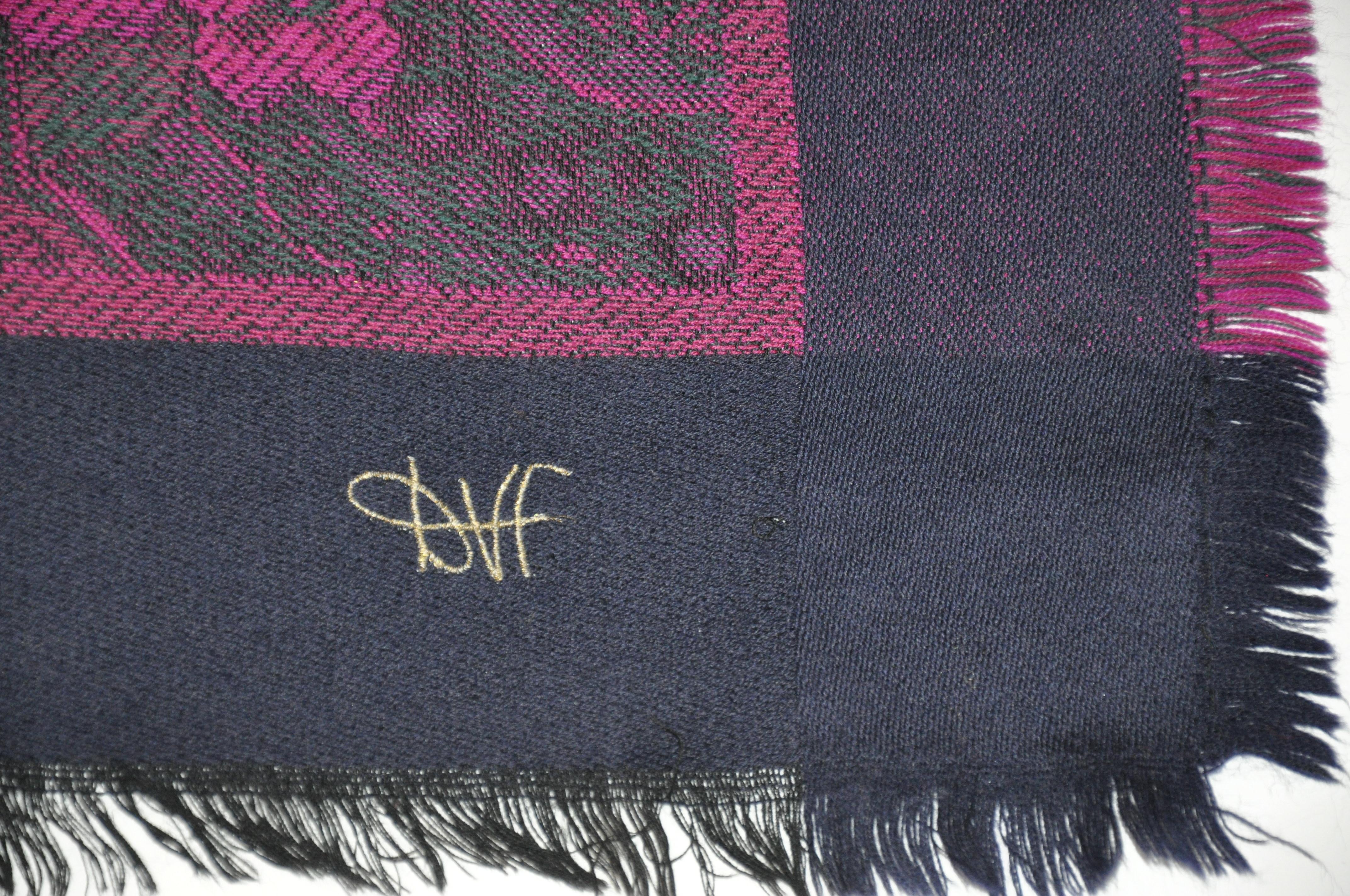 Diane von Furstenberg Rich Deep Violet Floral Wool Challis Fringe Shawl For Sale 4