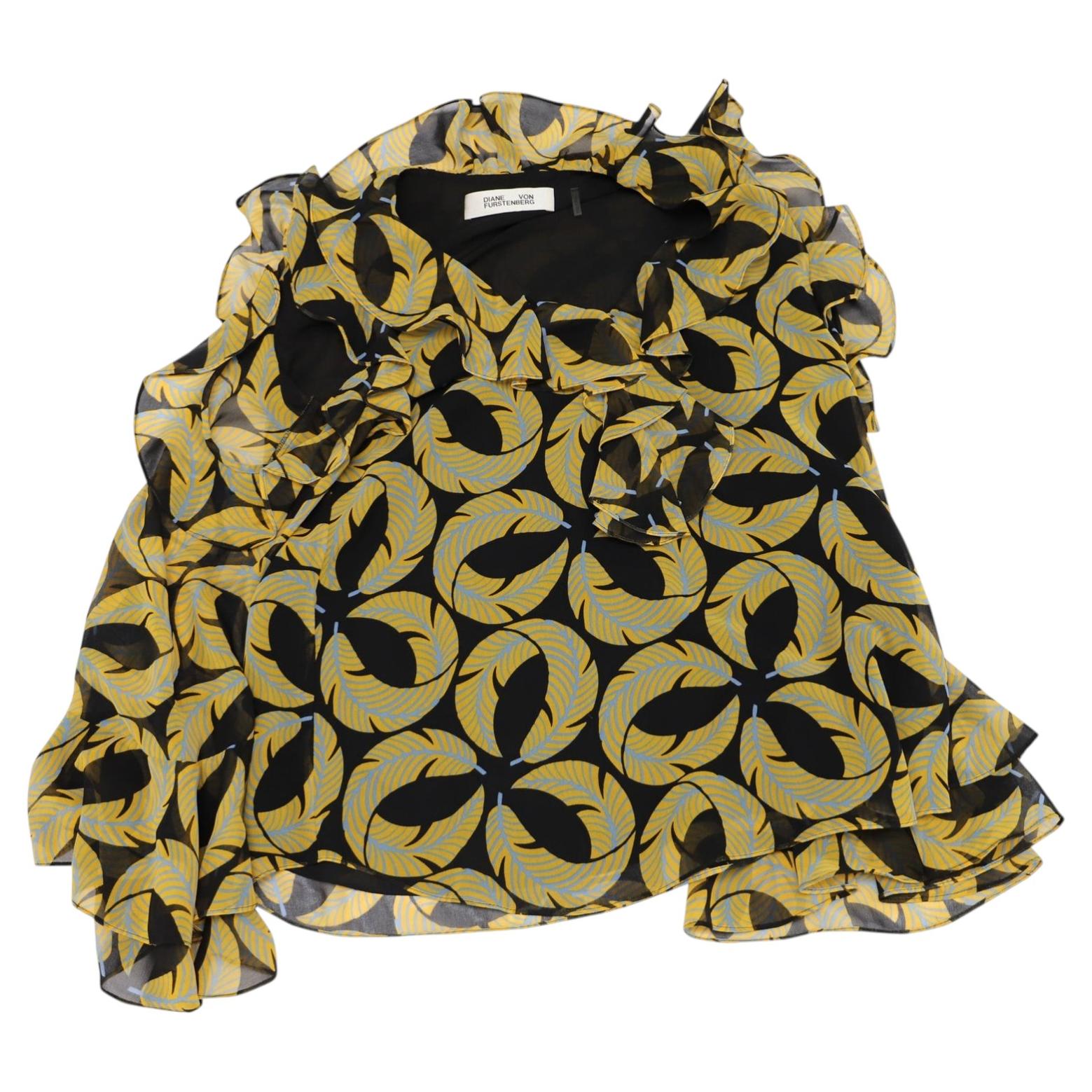 Pre-owned Diane Von Furstenberg Ruffled Blouse With Cut Out Shoulder Bell Sleeves In Multicolor Polyester In Brown