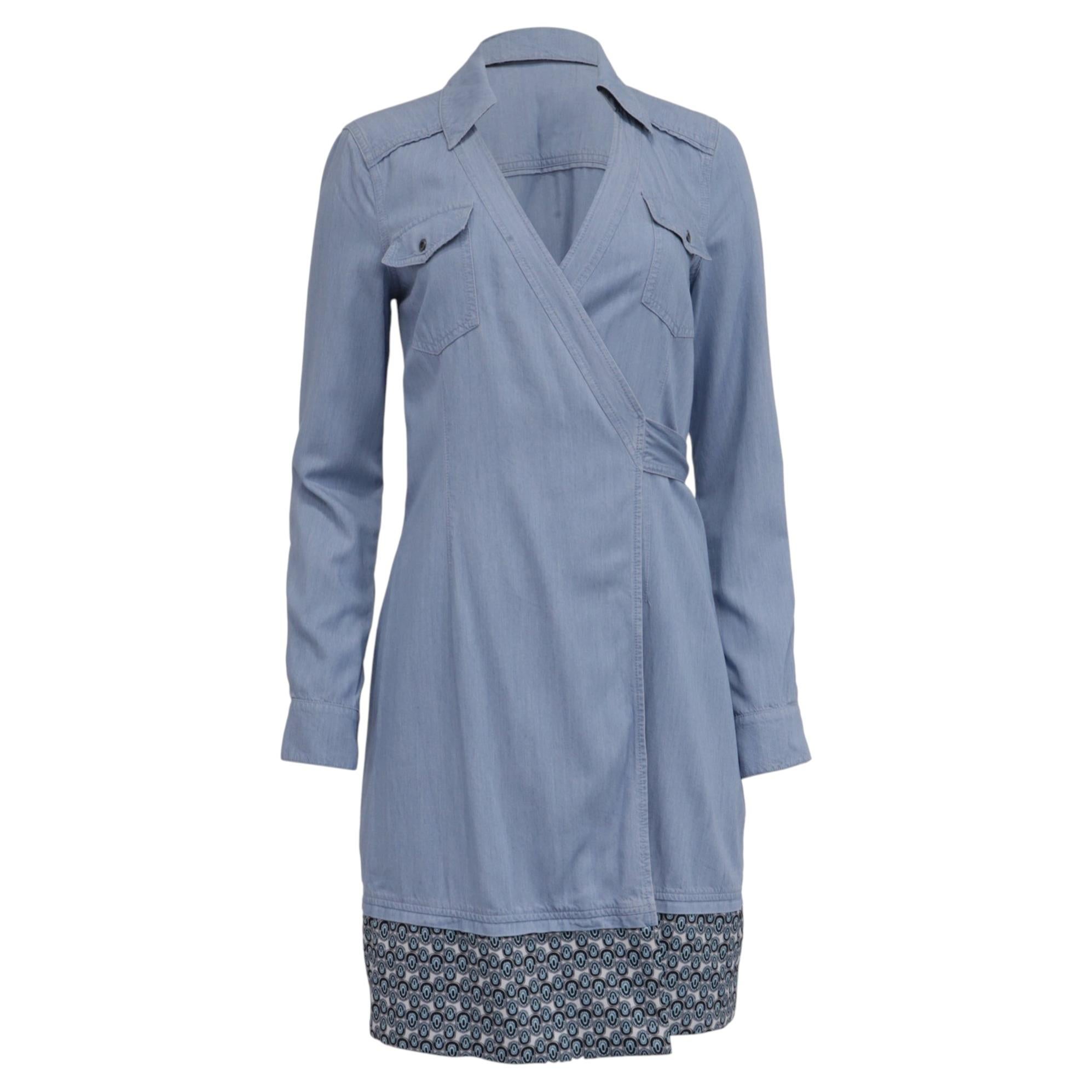 Pre-owned Diane Von Furstenberg Savion Collared Chambray Wrap Dress In Light Blue Rayon