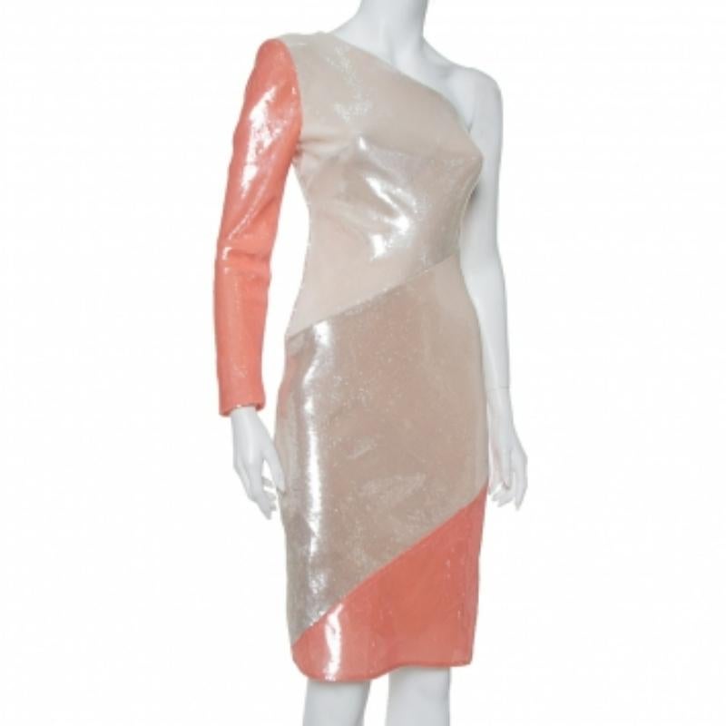 Make a dazzling style statement with this chic dress from Diane von Furstenberg. Designed to beautify, this colorblock creation is a fabulous eveningwear dress. It is fashioned as a one-shoulder with sequin detailing, a side zipper, and midi hemline.
